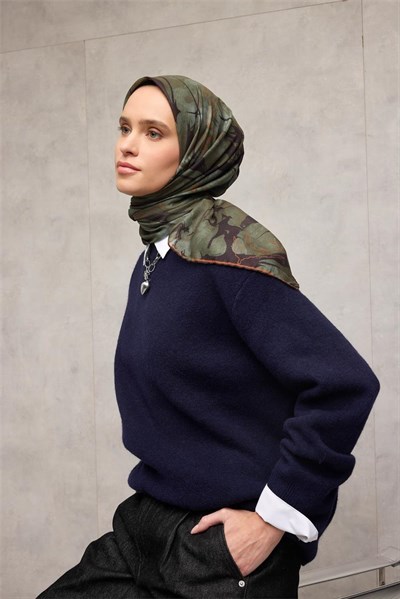 Pamuk Polyester Soft Eşarp Yaprak Desen Olive 90x90