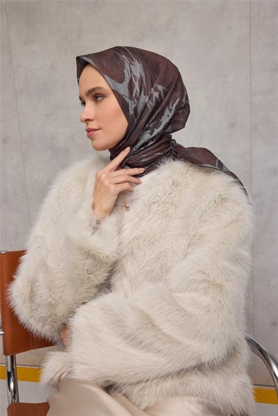 Pamuk Polyester Soft Eşarp Yaprak Desen Kızıl Kahve 90x90