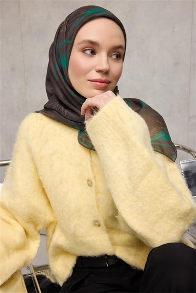 Pamuk Polyester Soft Eşarp Yaprak Desen Acı Kahve 90x90