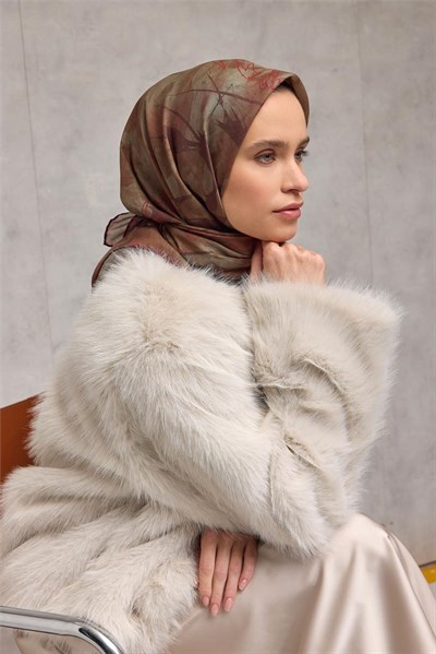 Pamuk Polyester Soft Eşarp Yaprak Desen Olive Kahve 90x90