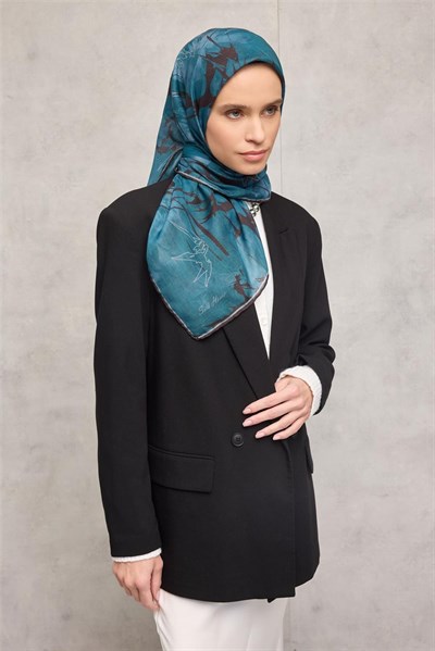 Pamuk Polyester Soft Eşarp Yaprak Desen Mor 90x90