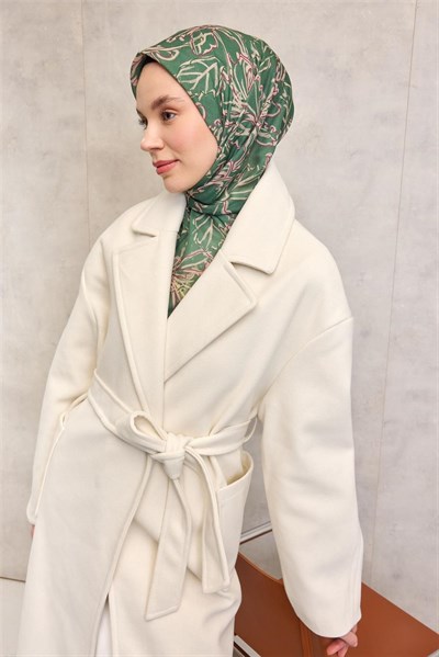 Pamuk Polyester Soft Eşarp Yeşil Lilium Desenli Kaymaz Dokulu 90x90