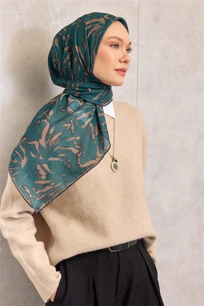 Pamuk Polyester Soft Eşarp Zümrüt Yeşili Soyut Desenli Tok Duruşlu 90x90