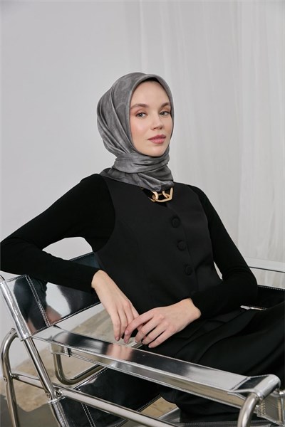 Polyester Karışımlı Shiny Eşarp Gümüş Etnik Desenli Parlak Dokulu 90x90