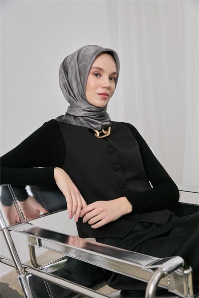 Polyester Karışımlı Shiny Eşarp Gümüş Etnik Desenli Parlak Dokulu 90x90
