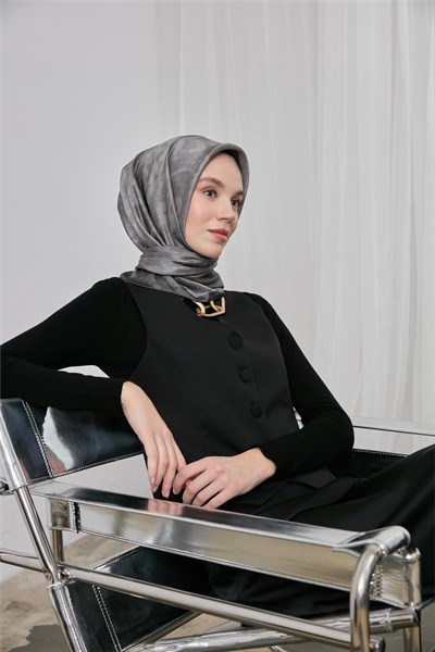 Polyester Karışımlı Shiny Eşarp Gümüş Etnik Desenli Parlak Dokulu 90x90