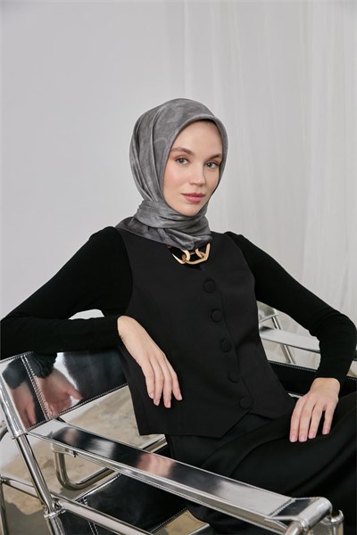 Polyester Karışımlı Shiny Eşarp Gümüş Etnik Desenli Parlak Dokulu 90x90