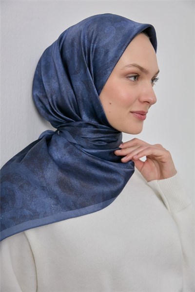 Polyester Karışımlı Shiny Eşarp İndigo Etnik Desenli Parlak Dokulu 90x90