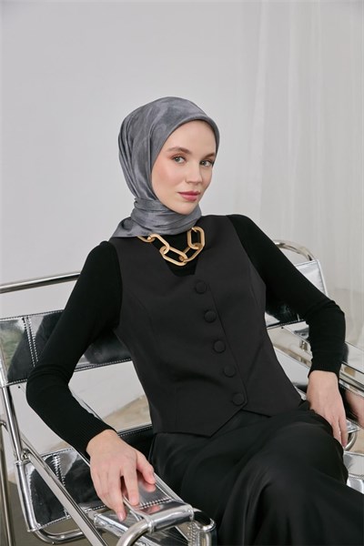 Polyester Karışımlı Shiny Eşarp Koyu Gri Etnik Desenli Parlak Dokulu 90x90