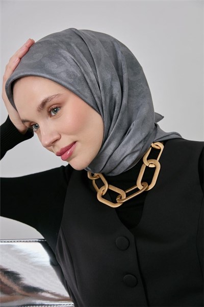 Polyester Karışımlı Shiny Eşarp Koyu Gri Etnik Desenli Parlak Dokulu 90x90