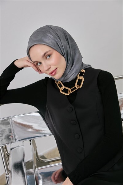 Polyester Karışımlı Shiny Eşarp Koyu Gri Etnik Desenli Parlak Dokulu 90x90