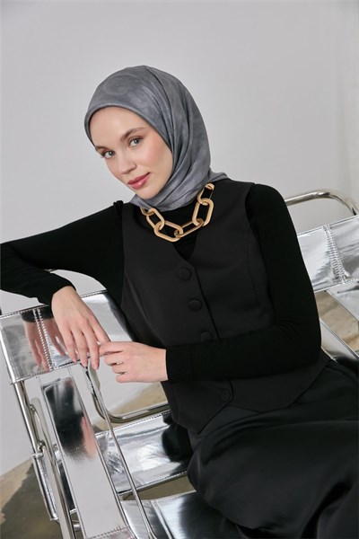 Polyester Karışımlı Shiny Eşarp Koyu Gri Etnik Desenli Parlak Dokulu 90x90