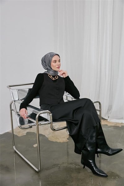 Polyester Karışımlı Shiny Eşarp Koyu Gri Etnik Desenli Parlak Dokulu 90x90