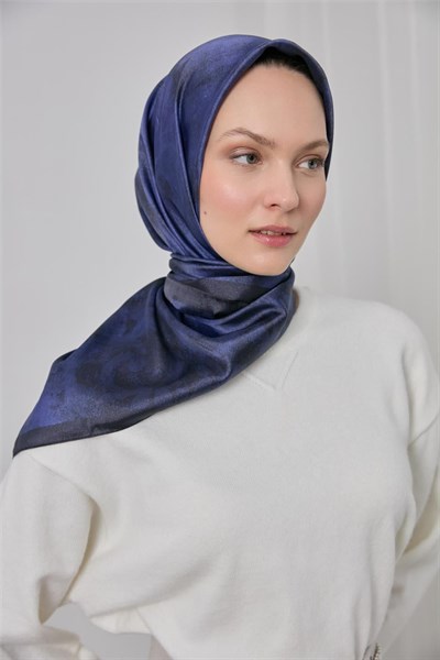 Polyester Karışımlı Shiny Eşarp Morcivert Etnik Desenli Parlak Dokulu 90x90