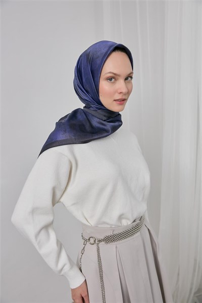 Polyester Karışımlı Shiny Eşarp Morcivert Etnik Desenli Parlak Dokulu 90x90