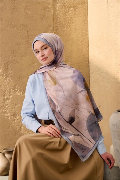 Polyester Velina Şal Bebe Mavi-Pudra Desenli Parlak Dokulu Hafif 190x70