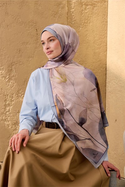 Polyester Velina Şal Bebe Mavi-Pudra Desenli Parlak Dokulu Hafif 190x70