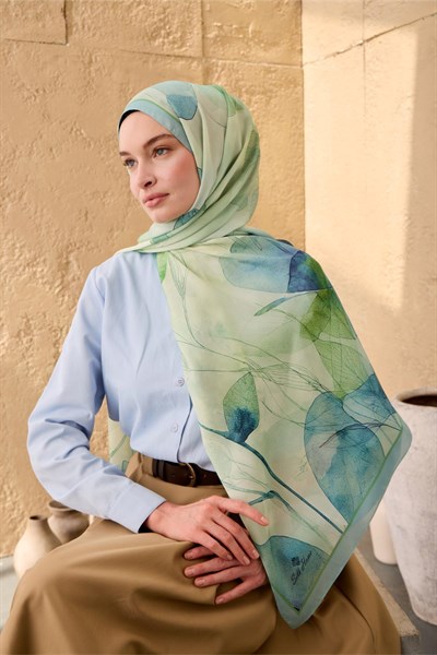 Polyester Velina Şal Bebe Mavi-Su Yeşili Desenli Parlak Dokulu Hafif 190x70