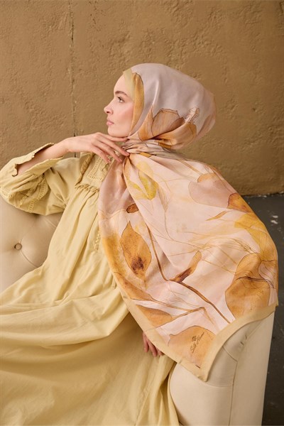 Polyester Velina Şal Bej-Taba Pudra Pembe Yeşil Sarı Desenli İpeksi Dokulu Hafif Yapılı 70x190