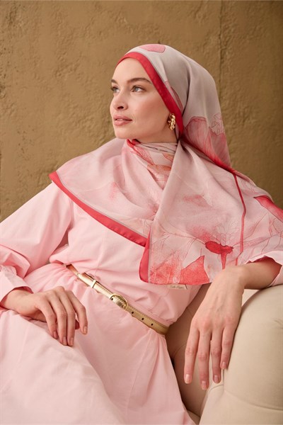 Polyester Velina Şal Fuşya-Toz Pembe Gri Pudra Desenli İpeksi Dokulu Hafif Yapılı 70x190