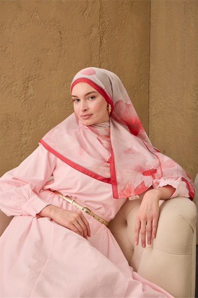 Polyester Velina Şal Fuşya-Toz Pembe Gri Pudra Desenli İpeksi Dokulu Hafif Yapılı 70x190