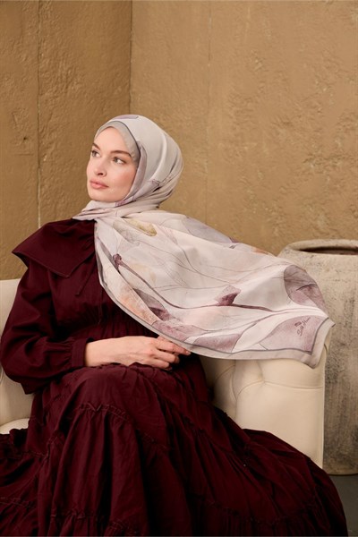 Polyester Velina Şal Gri-Gümüş Mor Yeşil Geçişli İpeksi Dokulu Hafif Yapılı 70x190