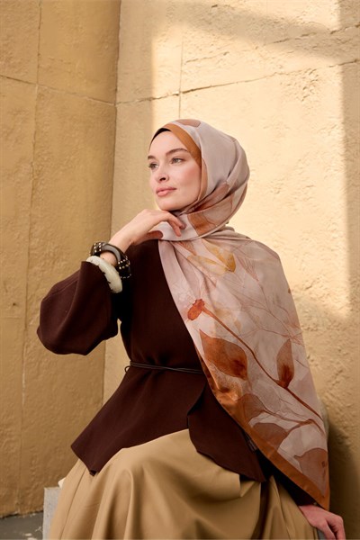 Polyester Velina Şal Karamel-Kiremit-Turuncu Desenli Parlak Dokulu Hafif 190x70