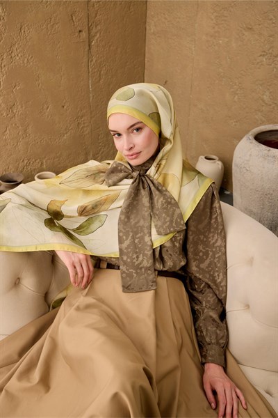 Polyester Velina Şal Limon-Krem Yeşil Turuncu Haki Sarı Desenli İpeksi Dokulu Hafif Yapılı 70x190