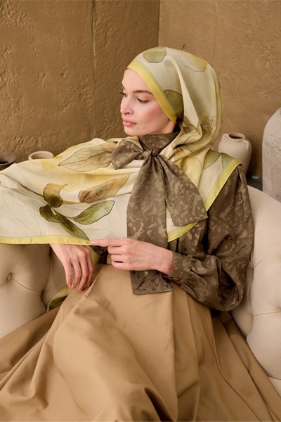 Polyester Velina Şal Limon-Krem Yeşil Turuncu Haki Sarı Desenli İpeksi Dokulu Hafif Yapılı 70x190