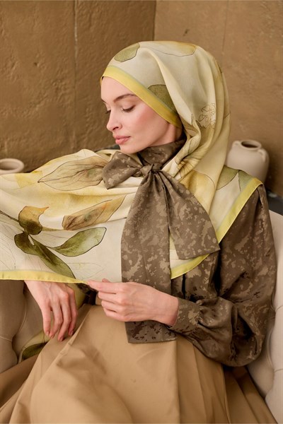 Polyester Velina Şal Limon-Krem Yeşil Turuncu Haki Sarı Desenli İpeksi Dokulu Hafif Yapılı 70x190