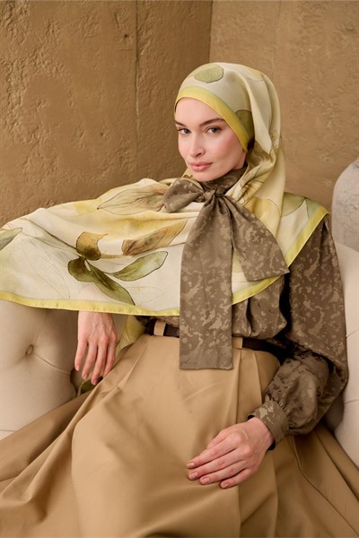 Polyester Velina Şal Limon-Krem Yeşil Turuncu Haki Sarı Desenli İpeksi Dokulu Hafif Yapılı 70x190