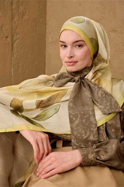 Polyester Velina Şal Limon-Krem Yeşil Turuncu Haki Sarı Desenli İpeksi Dokulu Hafif Yapılı 70x190