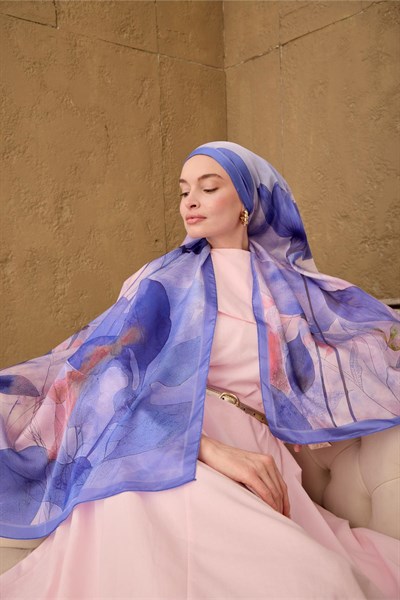 Polyester Velina Şal Mavi-Lila Lila Yeşil Pembe Desenli İpeksi Dokulu Hafif Yapılı 70x190