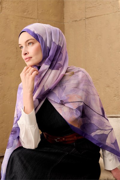 Polyester Velina Şal Mor-Pudra-Lila Desenli Parlak Dokulu Hafif 190x70