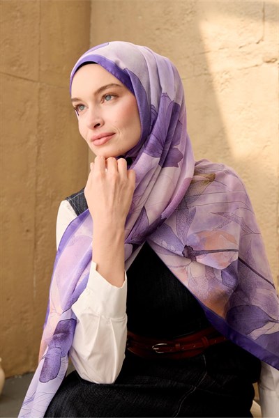 Polyester Velina Şal Mor-Pudra-Lila Desenli Parlak Dokulu Hafif 190x70
