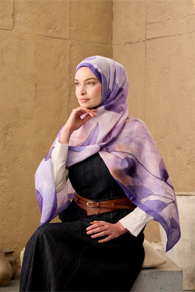 Polyester Velina Şal Mor-Pudra-Lila Desenli Parlak Dokulu Hafif 190x70
