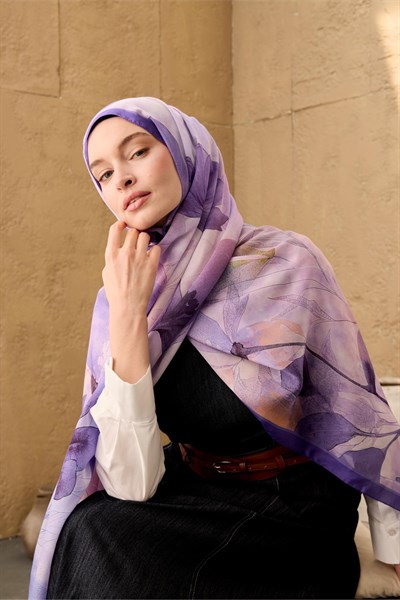 Polyester Velina Şal Mor-Pudra-Lila Desenli Parlak Dokulu Hafif 190x70