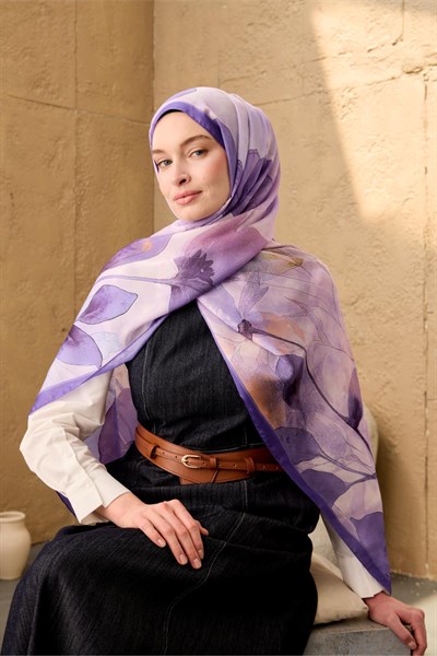 Polyester Velina Şal Mor-Pudra-Lila Desenli Parlak Dokulu Hafif 190x70
