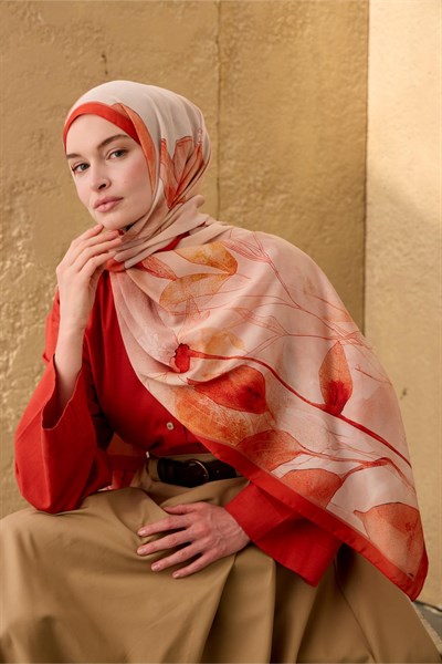 Polyester Velina Şal Parlak Turuncu-Krem Desenli Parlak Dokulu Hafif 190x70