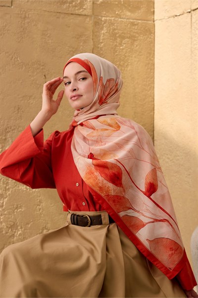 Polyester Velina Şal Parlak Turuncu-Krem Desenli Parlak Dokulu Hafif 190x70