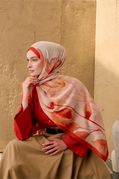 Polyester Velina Şal Parlak Turuncu-Krem Desenli Parlak Dokulu Hafif 190x70