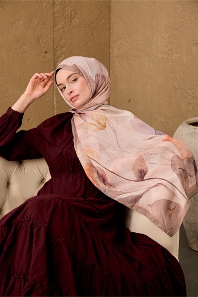 Polyester Velina Şal Pudra-Vizon Turuncu Mor Desenli İpeksi Dokulu Hafif Yapılı 70x190