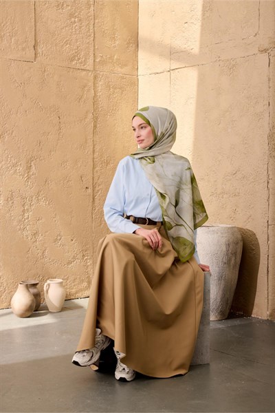 Polyester Velina Şal Yeşil-Gri Desenli Parlak Dokulu Hafif 190x70