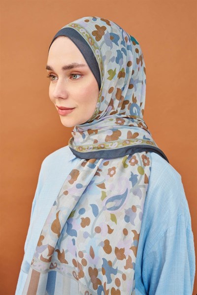 Riva Şal Tencel Botanical Floral Buz Mavisi