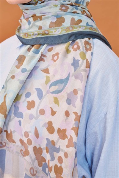 Riva Şal Tencel Botanical Floral Buz Mavisi