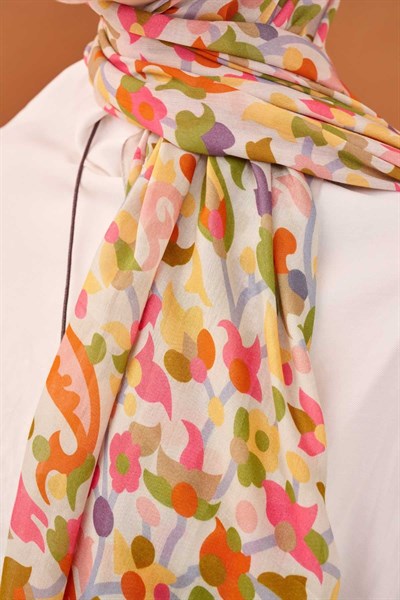 Riva Şal Tencel Botanical Floral Kırık Beyaz