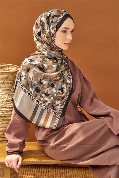 Riva Şal Tencel Botanical Floral Koyu Gri