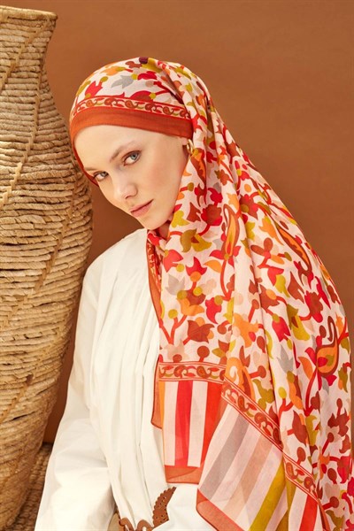 Riva Şal Tencel Botanical Floral Koyu Turuncu