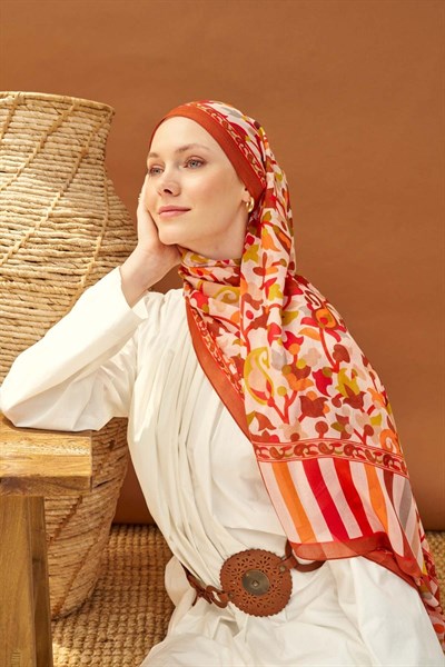 Riva Şal Tencel Botanical Floral Koyu Turuncu