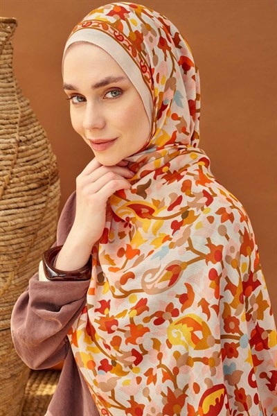 Riva Şal Tencel Botanical Floral Krem